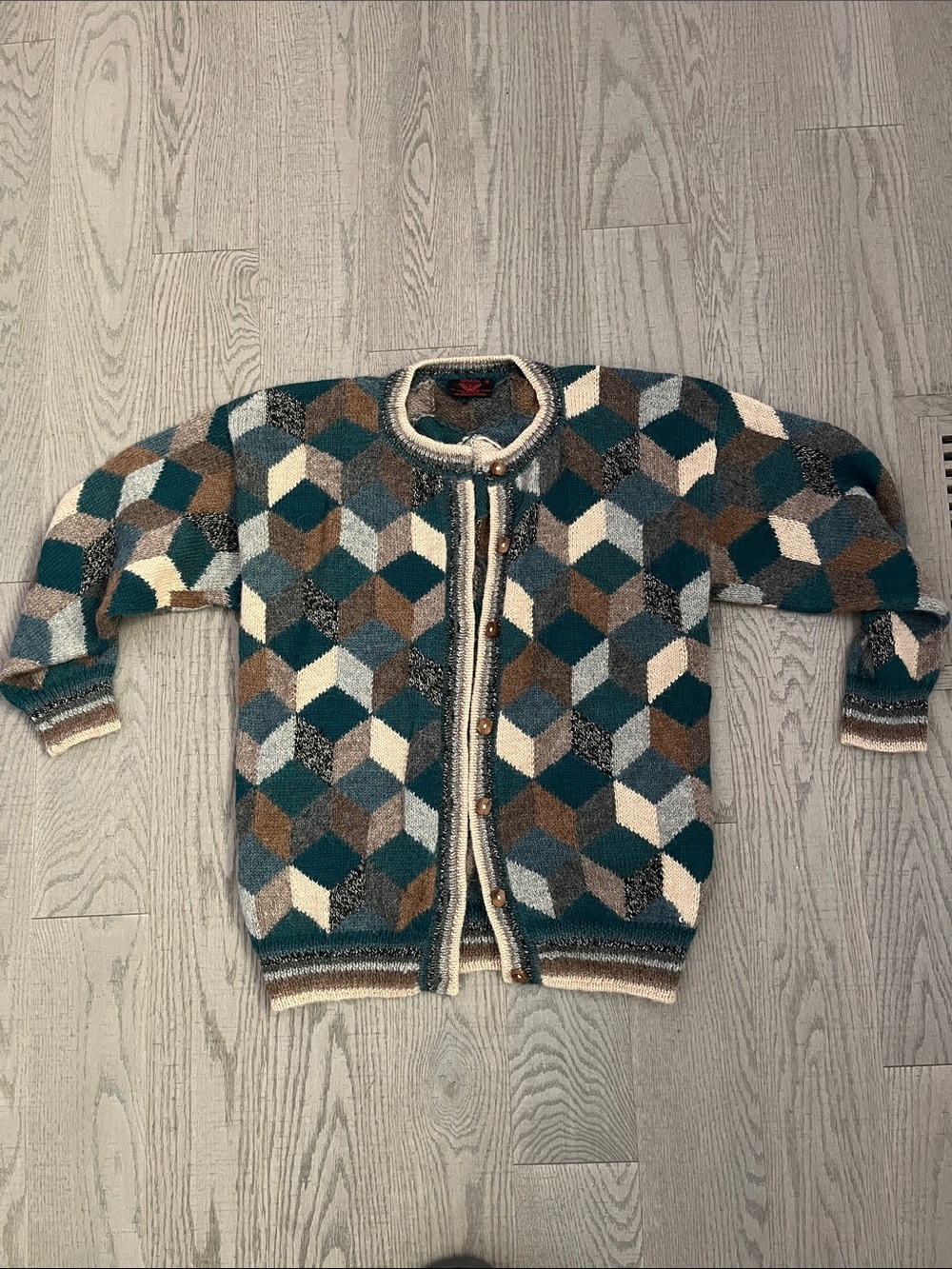 100% Alpaca Hand-Knit Button-Front Cardigan - Teal, Grey, Brown Black & Cream